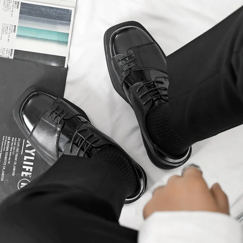 Advbridge Men Genuine Leather Derby Shoes Vintage Square Toe Male Platform Dress Shoes Black Business Footwear Wedding Shoes