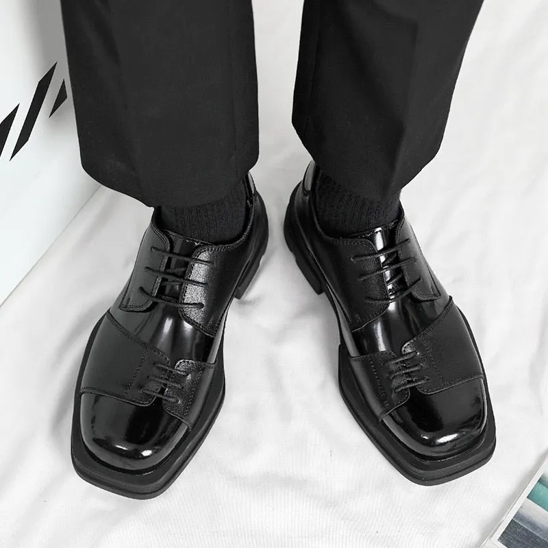 Advbridge Men Genuine Leather Derby Shoes Vintage Square Toe Male Platform Dress Shoes Black Business Footwear Wedding Shoes