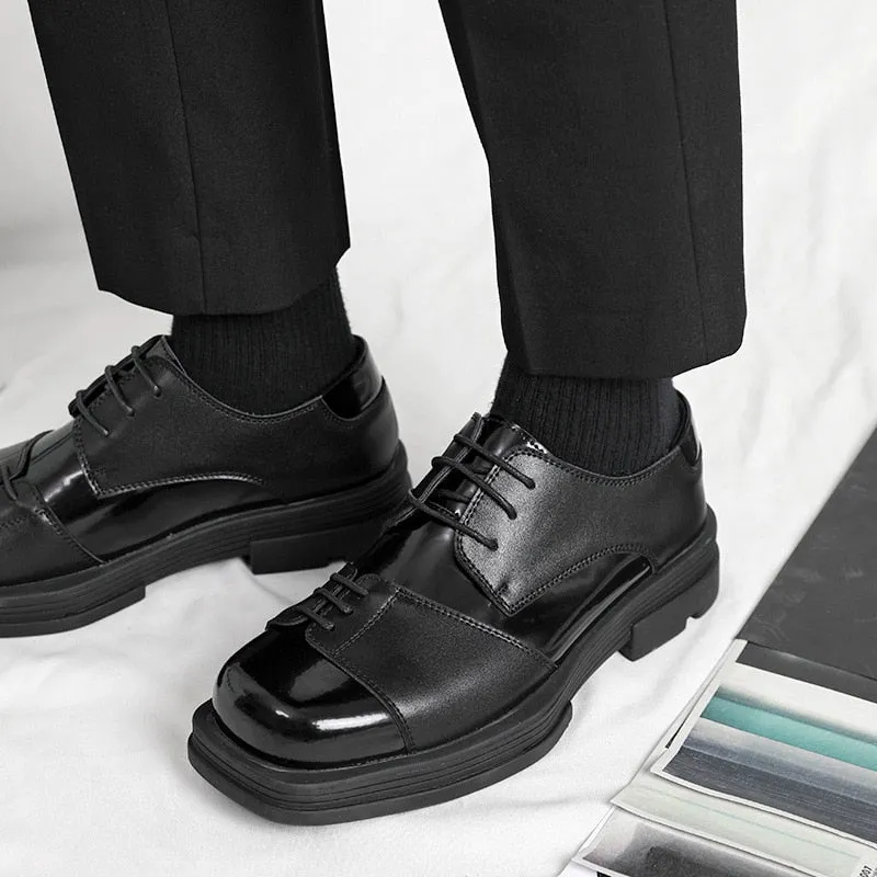 Advbridge Men Genuine Leather Derby Shoes Vintage Square Toe Male Platform Dress Shoes Black Business Footwear Wedding Shoes