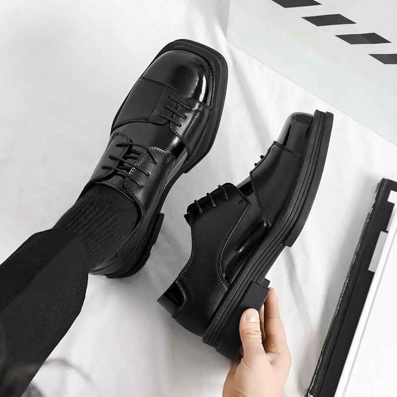 Advbridge Men Genuine Leather Derby Shoes Vintage Square Toe Male Platform Dress Shoes Black Business Footwear Wedding Shoes