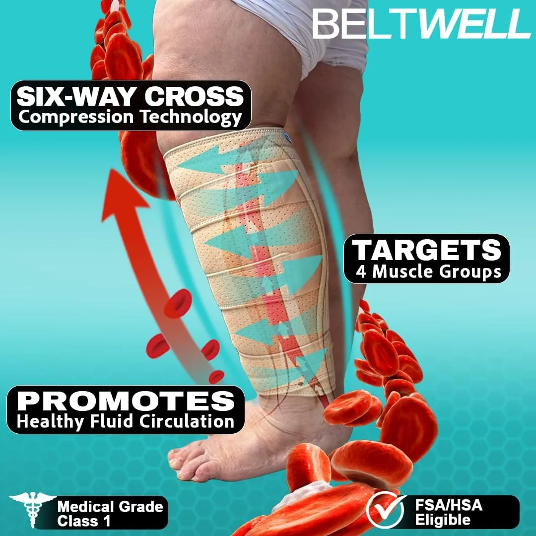 Beltwell? Adjustable Lymphedema Calf Compression Wrap for Swelling, Edema, Lipedema, Circulation, Heaviness, Pain - Easy to put on