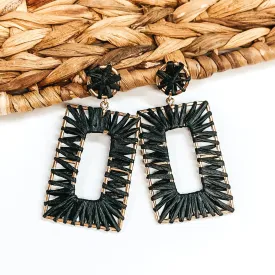 Cabana Bound Raffia Wrapped Gold Rectangle Drop Earrings in Black