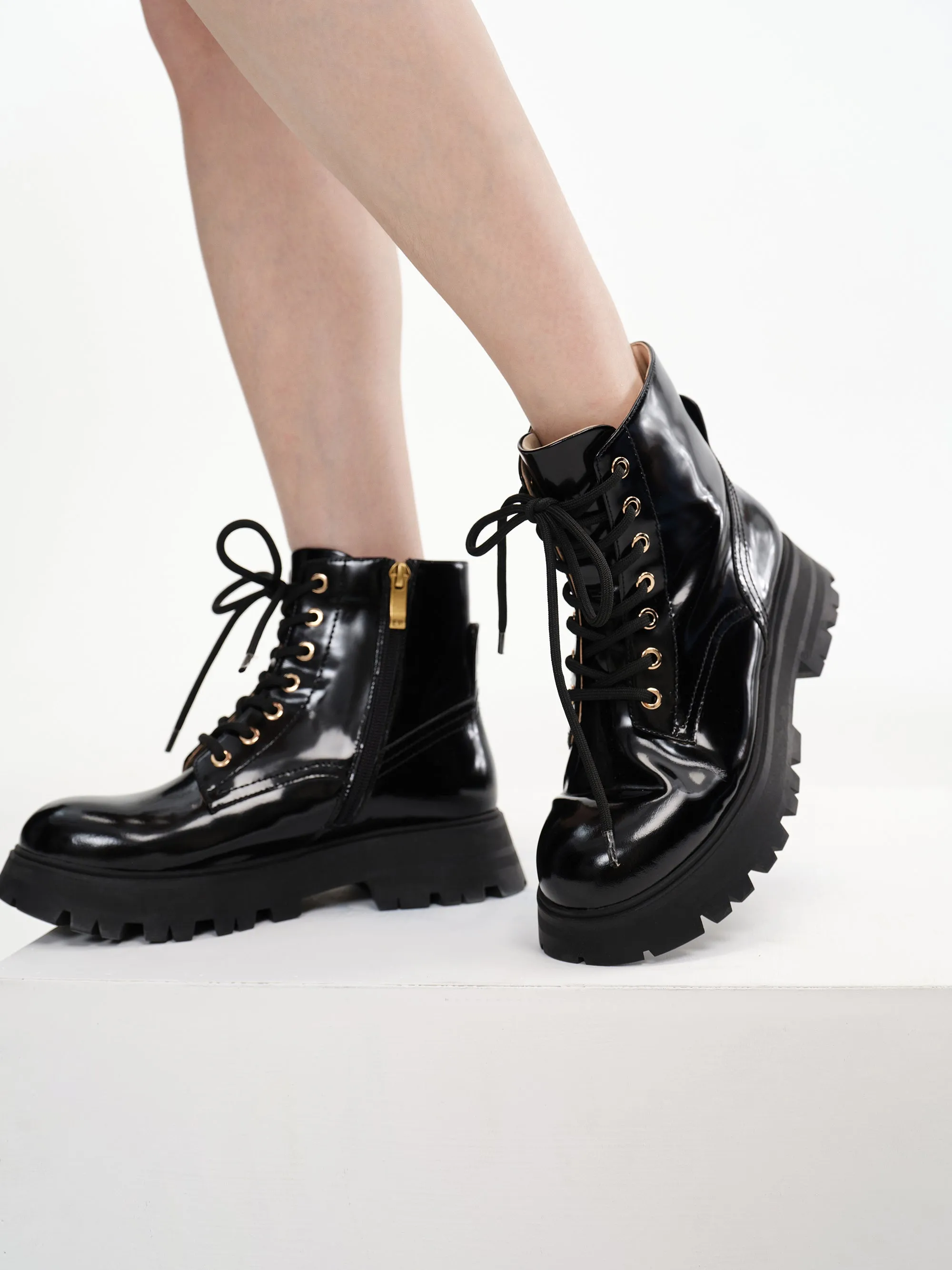 EP YAYING Leather Platform Lace Up Boots