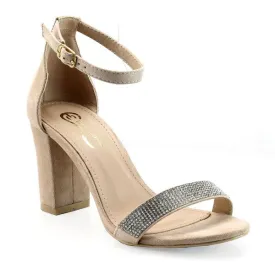 Nude Women Rhinestone Ankle Strap Block Heel Sandals